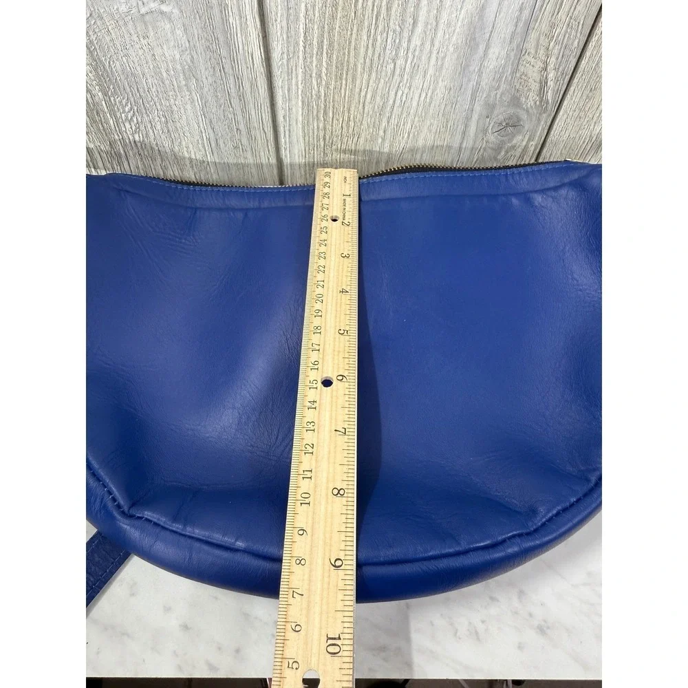 Directive Cobalt Blue Leather Half Moon Crossbody Bag Adjustable Strap Brass
